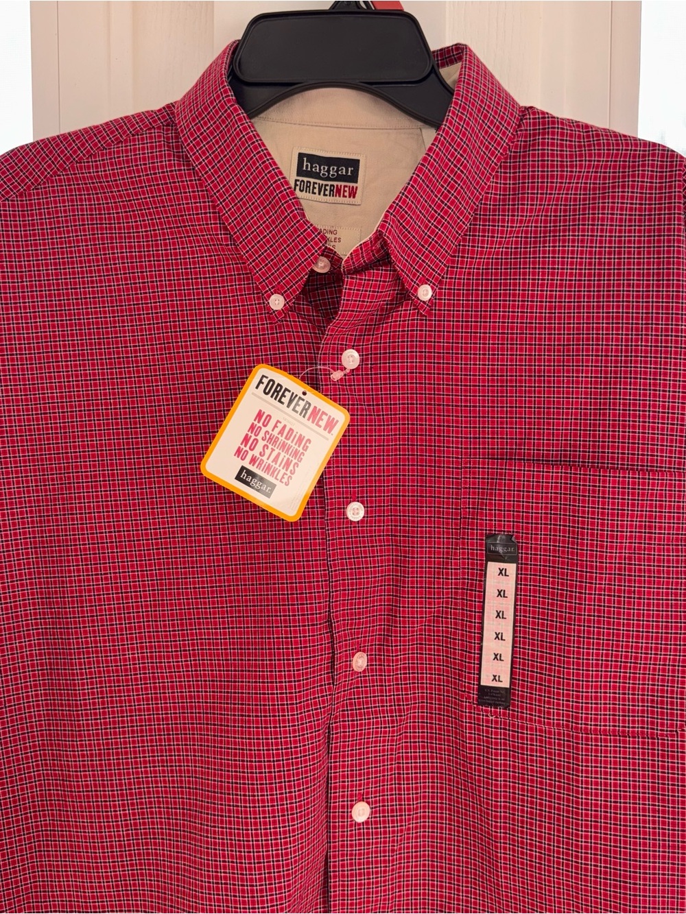 Haggar ForeverNew Mens XL Red Plaid Button Down Shirt NWT Wrinkle Resistant SS - Picture 4 of 9